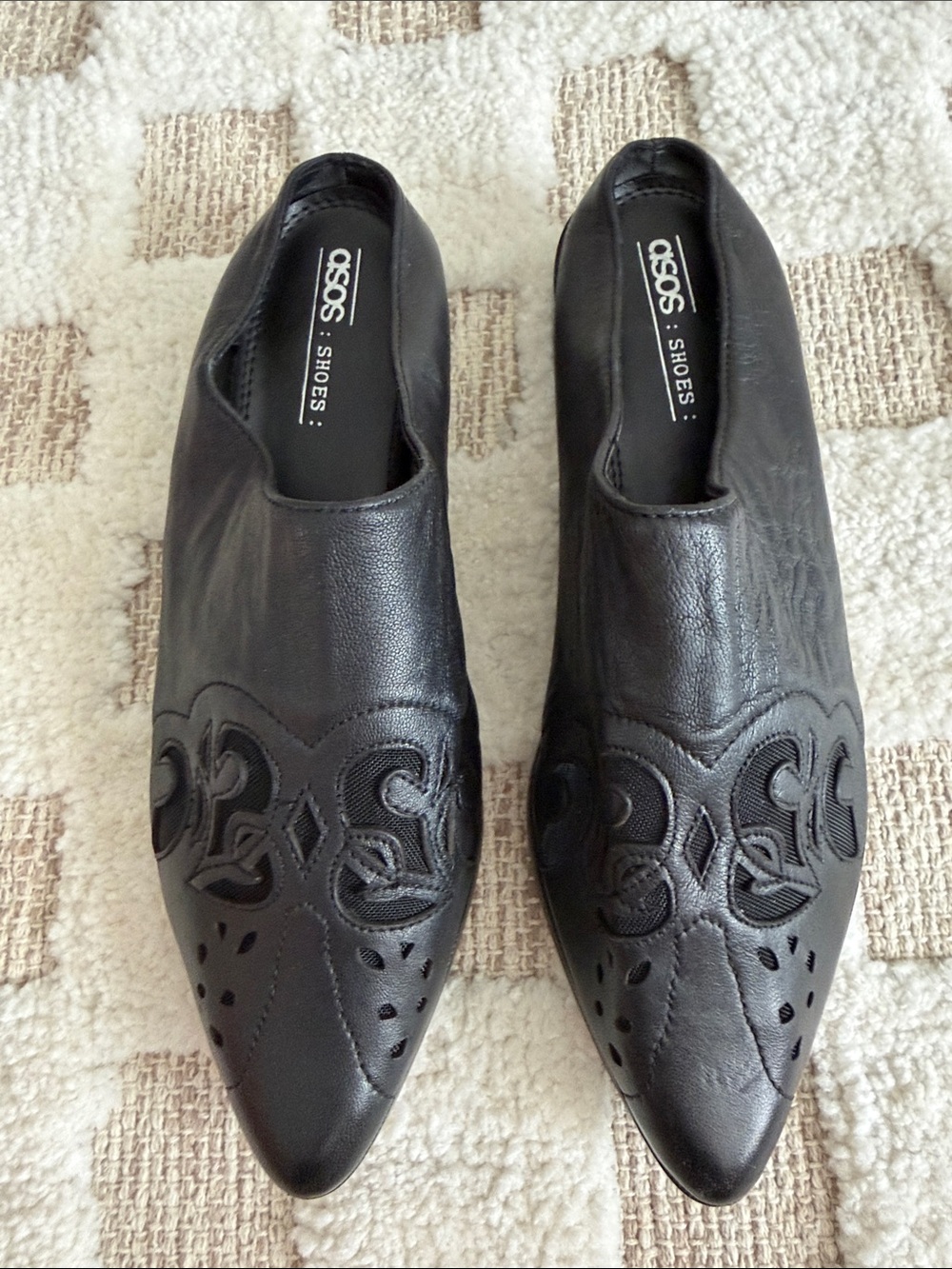 ASOS Black Pointed Leather Slip-On Flats with Embroidered Vamp